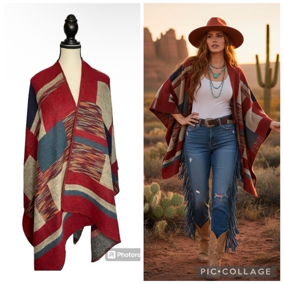 desheng Sweaters - Desheng wrap poncho kimono duster in southwestern color block patchwork ruana